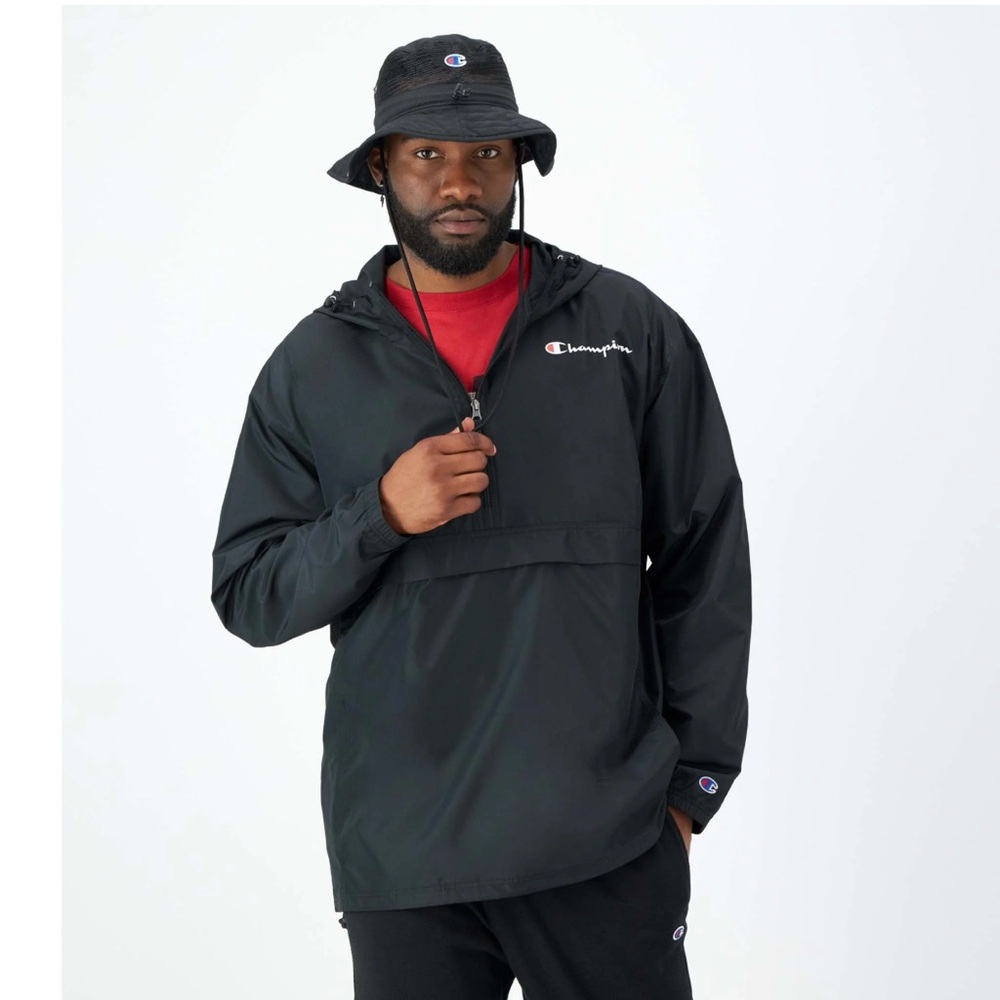 Champion‎ Men's Black Stadium Packable Jacket Script Windbreaker Jacket Size 2XL